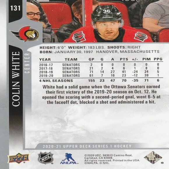 Colin White (Senators) 2020/2021 Upper Deck Series 1 Hockey Card - Number 131 - Picture 2 of 2
